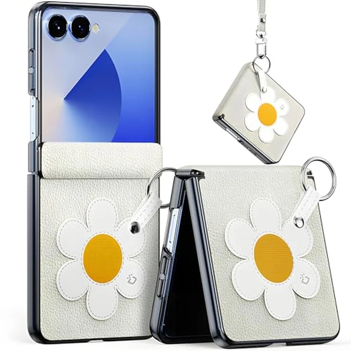 Eorkvr for Samsung Galaxy Z Flip 7 Cute Case with Magnetic Hinge Protector, Girly Daisy Pattern Slim Case for Women Girls, PU Leather Shockproof Aesthetic Pretty Cases with Wrist Chain for Z Flip 7 by Eorkvr - Used - Like New condition - US$7.36