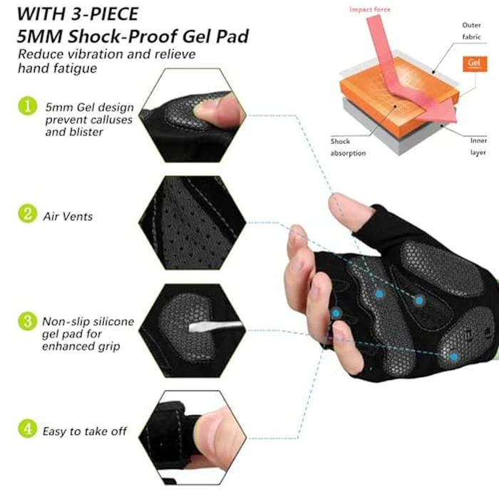 MOREOK Cycling Gloves Bike Gloves for Men/Women-[5MM Gel Pad] Half Finger Bicycle Biking Gloves for Cycling/Weight Lifting/Gym/Motorcycle/Rowing/Outdoor Sports-050-BLACK-M by MOREOK - Image 2