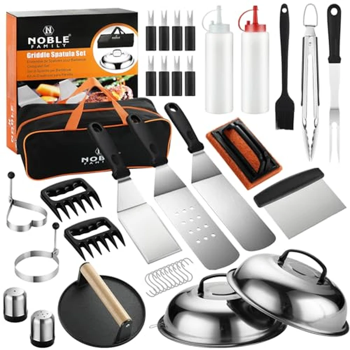 N NOBLE FAMILY 38PCS Griddle Accessories Kit, Professional Grill Tools Set for Outdoor Barbecue, Stainless Steel Griddle Spatula Set with Tongs, Smash Burger Press, Carry Bag, Perfect Grilling Gifts by N NOBLE FAMILY - Used - Very Good condition