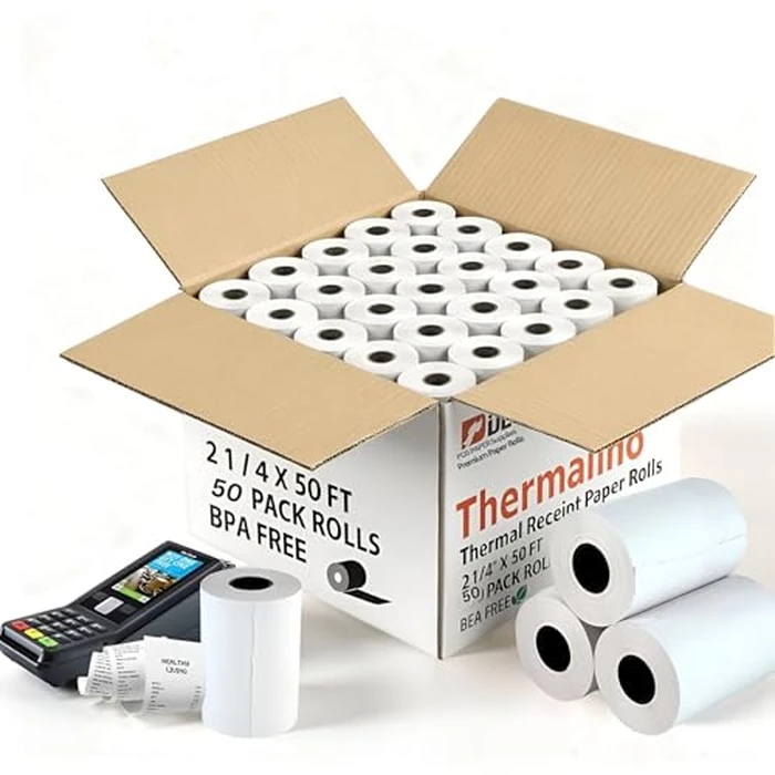 (50 Rolls) 2 1/4 x 50 Thermal Paper Rolls, Receipt Roll Printer Paper - BPA Free 2.25 x 50 Thermal Debit Machine Paper - Fits All POS Systems, Square, Moneris, Verifone & Clover Pos (58mm) by Thermalino - Image 1