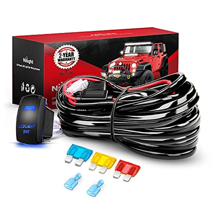 Nilight 10014W LED Light Bar Wiring Harness Kit 14AWG Heavy Duty 12V 5Pin Rocker Laser On Off Waterproof Switch Power Relay Blade Fuse-1 Lead, 2 Years Warranty by Nilight - Used - Acceptable condition - US$10.35