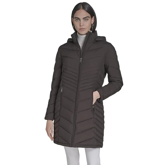 Calvin Klein Women's Hooded Chevron Quilt Puffer Coat - Slimming Longline Winter Jacket, Mulch, S by Calvin Klein - Used - Like New condition - US$51.87