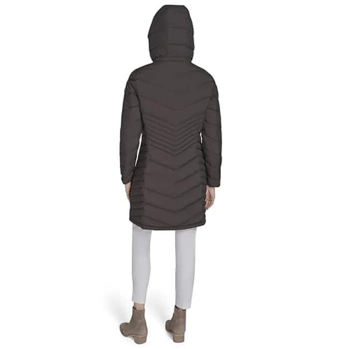 Calvin Klein Women's Hooded Chevron Quilt Puffer Coat - Slimming Longline Winter Jacket, Mulch, S by Calvin Klein - Image 6