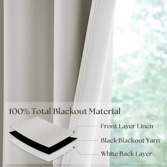 100% Blackout Linen Curtains 63 Inch 2 Panels Nature Linen Texture Black Out Curtains Grommet Top Thermal Insulated Drapes Panels Farmhouse for Living Room Bedroom Kitchen Door 52x63 Inch Cream by TWODRAPES - Image 2