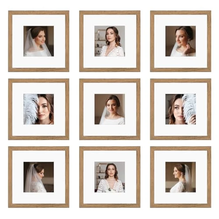 BSRHOME 10x10 Picture Frame Set of 9, Display Pictures 8x8 with Mat or 10x10 without Mat, Multi Collage Gallery Square Photo Frames for Wall or Tabletop,Light Brown by BSRHOME - Used - Acceptable condition