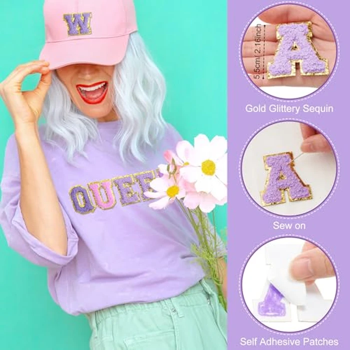 Jutom 104 Pcs Self Adhesive Chenille Iron on Letter Patches Letter Chenille Stick on Embroidered Patch for Clothing Jackets Backpacks Hats(Fashion,Purple) by Jutom - Image 2