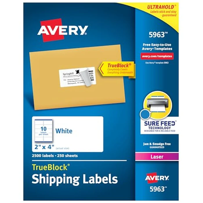 Avery Printable Shipping Labels with Sure Feed, 2" x 4" Customizable Stickers, White, 2,500 Blank Mailing Labels, Great for Mailing, Shipping, and More (5963) by Avery - Used - Like New condition - US$44.95