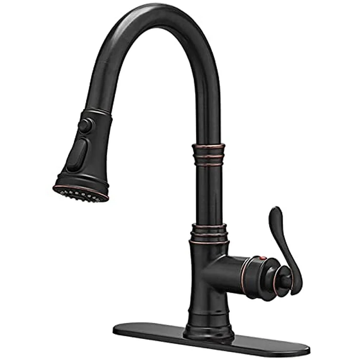 BATHFINESSE Kitchen Faucet, Oil Rubbed Bronze Finish, 360 Degree Swivel, 20-Inch Retractable Hose, Easy to Install, 1-Hole Mount by Bathfinesse - Used - Like New condition