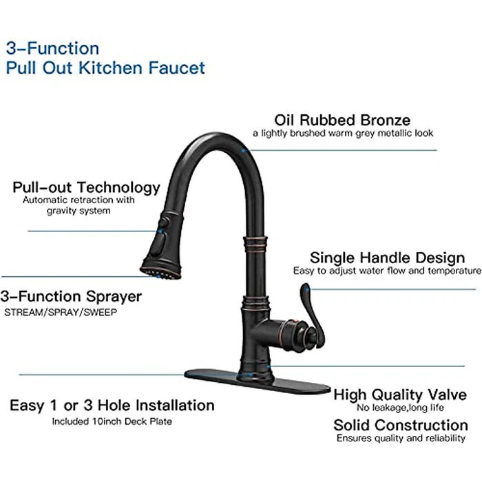BATHFINESSE Kitchen Faucet, Oil Rubbed Bronze Finish, 360 Degree Swivel, 20-Inch Retractable Hose, Easy to Install, 1-Hole Mount by Bathfinesse - Image 2