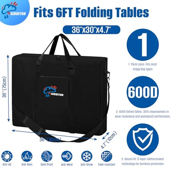 SIRUITON Folding Table Storage Bag, Portable 600D WaterProof Carry Bag for Folding Picnic/Camp Tables with Reinforcing Plate & Shoulder Strap, 36" D x 30" W x4.7 H Fits 6FT Folding Tables（Bag Only） by SIRUITON - Image 3