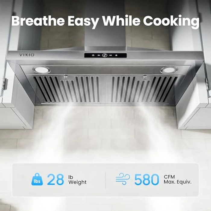 VIKIO HOME Wall Mount Range Hood 30 inch, 580 CFM, Ducted/Ductless Convertible, Stainless Steel Kitchen Vent Hood with 3-Speed Fan and LED Lights by VIKIO HOME - Image 2