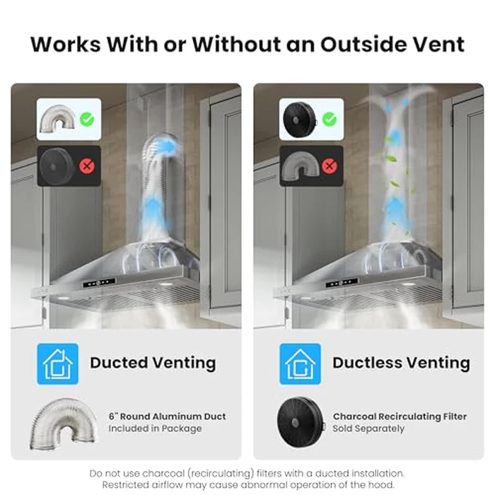 VIKIO HOME Wall Mount Range Hood 30 inch, 580 CFM, Ducted/Ductless Convertible, Stainless Steel Kitchen Vent Hood with 3-Speed Fan and LED Lights by VIKIO HOME - Image 6