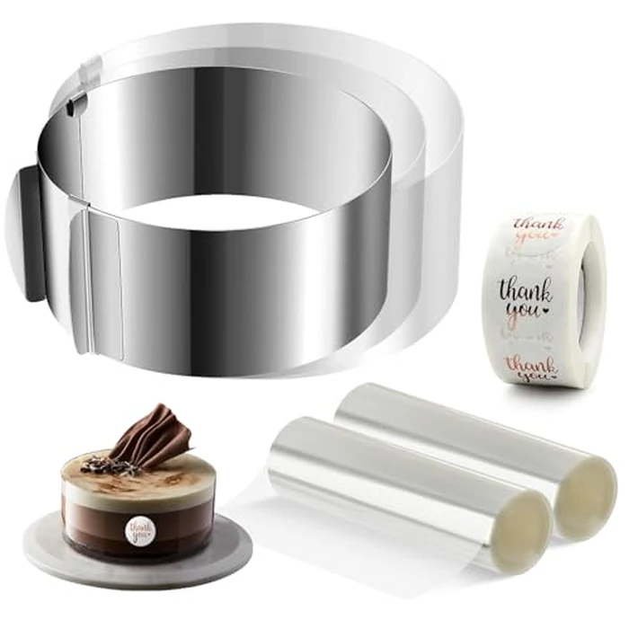 Adjustable Cake Ring Mold, Stainless Steel Cake Mousse Ring - Adjustable 6 to 12 Inch, 15m Clear Acetate Sheet Rolls, Easy Clean Design for Home Bakers & Professionals Baking, Cake Decorating by Esteopt - Used - Like New condition - CA$18.42
