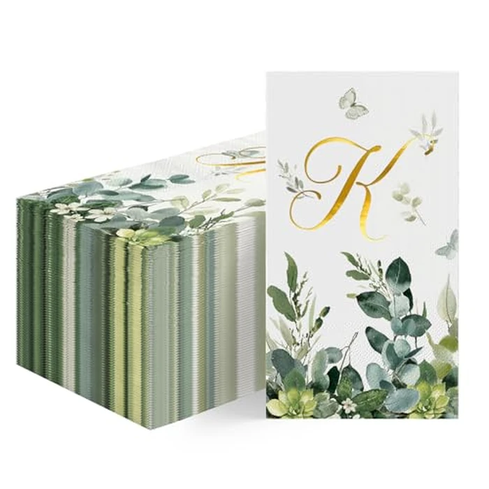 Horaldaily 100 Spring Disposable Paper Decorative Guest Napkins, Watercolor Eucalyptus Monogram Gold Foil Letter K for Party Bathroom Wedding Birthday Baby Shower by Horaldaily - Used - Like New condition - US$13.87