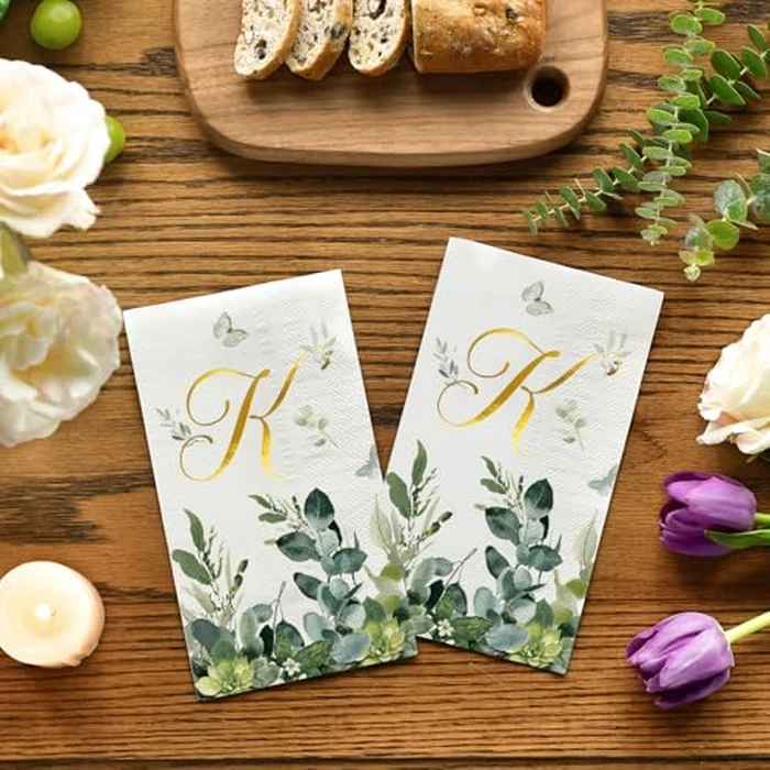 Horaldaily 100 Spring Disposable Paper Decorative Guest Napkins, Watercolor Eucalyptus Monogram Gold Foil Letter K for Party Bathroom Wedding Birthday Baby Shower by Horaldaily - Image 2