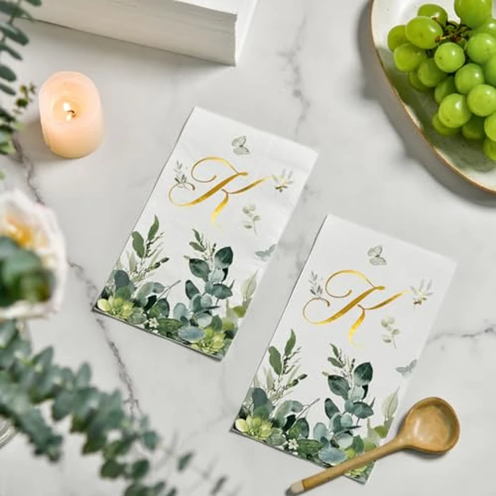 Horaldaily 100 Spring Disposable Paper Decorative Guest Napkins, Watercolor Eucalyptus Monogram Gold Foil Letter K for Party Bathroom Wedding Birthday Baby Shower by Horaldaily - Image 4