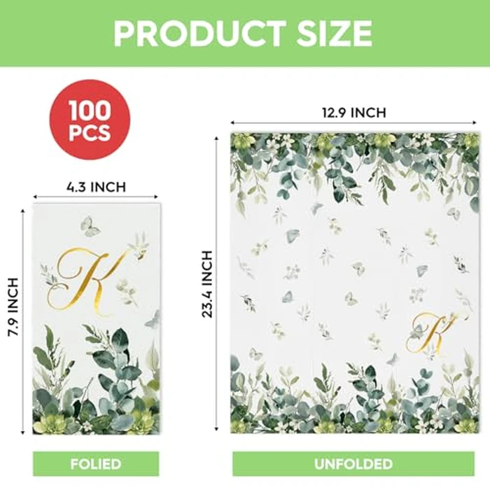 Horaldaily 100 Spring Disposable Paper Decorative Guest Napkins, Watercolor Eucalyptus Monogram Gold Foil Letter K for Party Bathroom Wedding Birthday Baby Shower by Horaldaily - Image 5