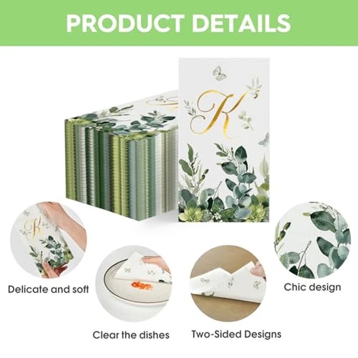 Horaldaily 100 Spring Disposable Paper Decorative Guest Napkins, Watercolor Eucalyptus Monogram Gold Foil Letter K for Party Bathroom Wedding Birthday Baby Shower by Horaldaily - Image 6
