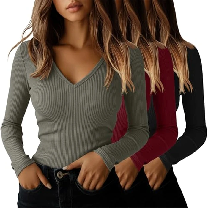 Ficerd 3 Pack Women's Long Sleeve T Shirts Cotton V Neck Slim Fit Tops Ribbed Knit Layering Casual Basic Tees Fall(Black, Bean Green, Burgundy,Medium) by Ficerd - Used - Like New condition