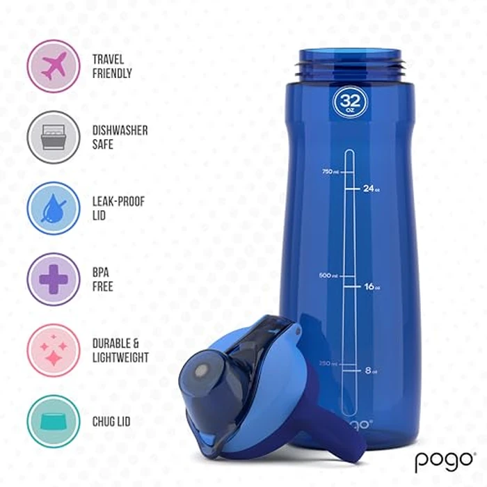 Pogo 32oz Plastic Water Bottle with Chug Lid and Carry Handle, Reusable, BPA Free, Dishwasher Safe, Perfect for Travel, School, Outdoors, and Gym, Blue by pogo - Image 5