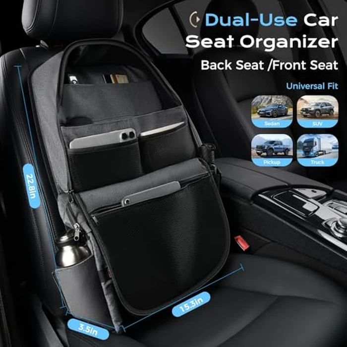 Coverado Backseat Car Organizer, Heavy-Duty Durable Dual-Way Use Car Back Seat Organizer Waterproof with Reinforced Pockets, Zipper Closure Design, Protect Valuables from Spills, Keeps Car Tidy by Coverado - Image 4