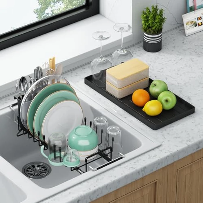 Dish Drying Rack - Aufworld Expandable Small Sink Dish Rack with Silicone Drying Tray, Over Sink Dish Drainer for Kitchen Counter with Utensil Holder, Drain Rack Fit for 14’’-19’’ Kitchen Sink by Aufworld - Used - Acceptable condition