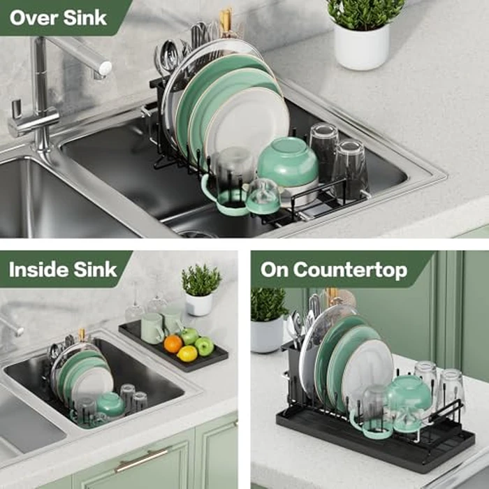 Dish Drying Rack - Aufworld Expandable Small Sink Dish Rack with Silicone Drying Tray, Over Sink Dish Drainer for Kitchen Counter with Utensil Holder, Drain Rack Fit for 14’’-19’’ Kitchen Sink by Aufworld - Image 7