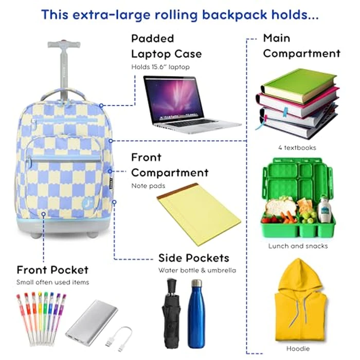 J World Sundance Laptop Rolling Backpack for Girls Boys. Roller Bookbag with Wheels, Wiggle Blue by J World New York - Image 2