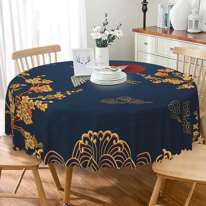 TTQYFNM Japanese Round Tablecloth 70 Inch Cherry Blossom Bird Mountain Asian Chinese Style Table Cloth Dark Blue Waterproof Wrinkle Free Table Cover for Kitchen Dining Room Indoor Outdoor Home Decor by TTQYFNM - Used - Like New condition