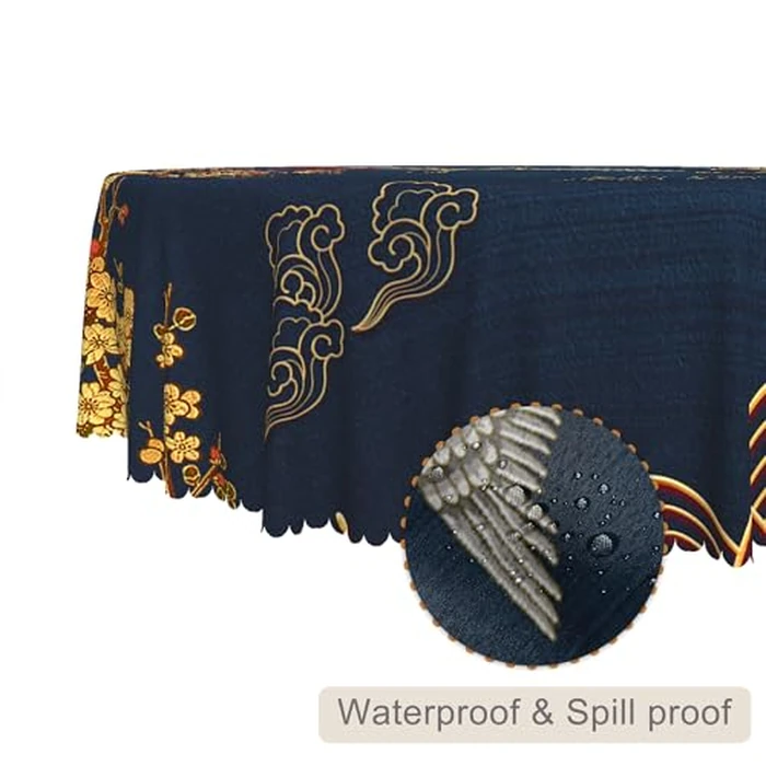 TTQYFNM Japanese Round Tablecloth 70 Inch Cherry Blossom Bird Mountain Asian Chinese Style Table Cloth Dark Blue Waterproof Wrinkle Free Table Cover for Kitchen Dining Room Indoor Outdoor Home Decor by TTQYFNM - Image 2