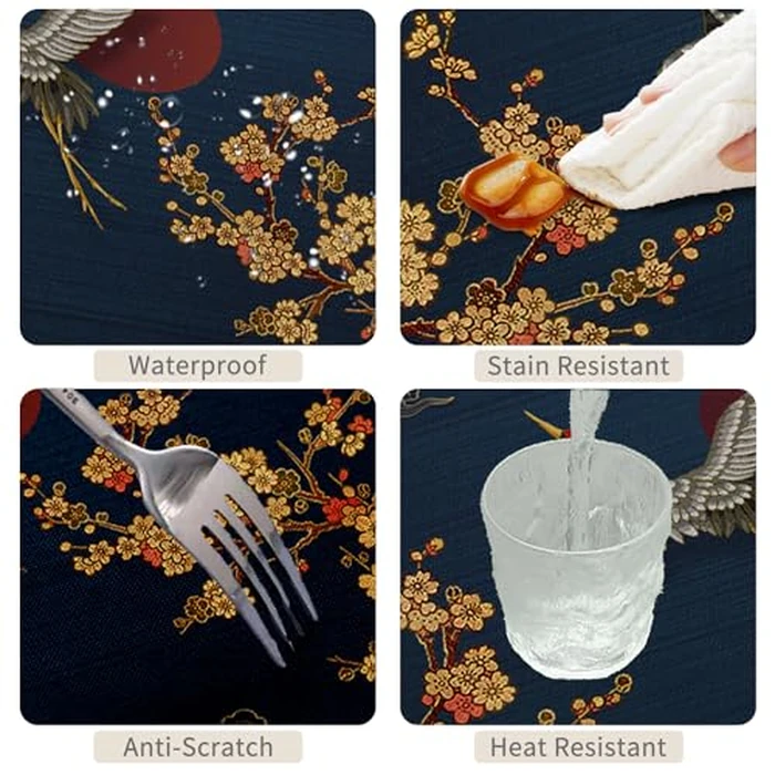 TTQYFNM Japanese Round Tablecloth 70 Inch Cherry Blossom Bird Mountain Asian Chinese Style Table Cloth Dark Blue Waterproof Wrinkle Free Table Cover for Kitchen Dining Room Indoor Outdoor Home Decor by TTQYFNM - Image 4