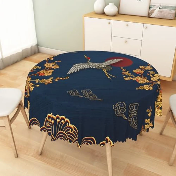 TTQYFNM Japanese Round Tablecloth 70 Inch Cherry Blossom Bird Mountain Asian Chinese Style Table Cloth Dark Blue Waterproof Wrinkle Free Table Cover for Kitchen Dining Room Indoor Outdoor Home Decor by TTQYFNM - Image 5