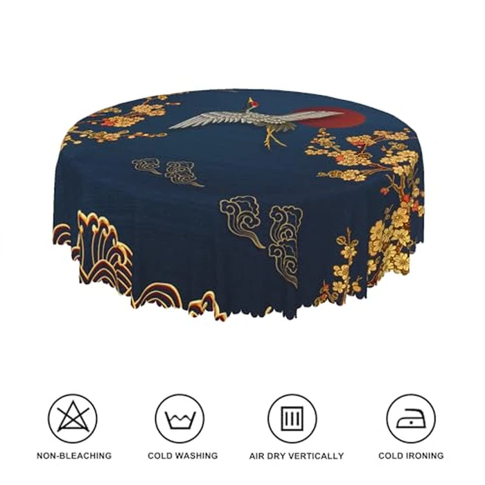 TTQYFNM Japanese Round Tablecloth 70 Inch Cherry Blossom Bird Mountain Asian Chinese Style Table Cloth Dark Blue Waterproof Wrinkle Free Table Cover for Kitchen Dining Room Indoor Outdoor Home Decor by TTQYFNM - Image 6