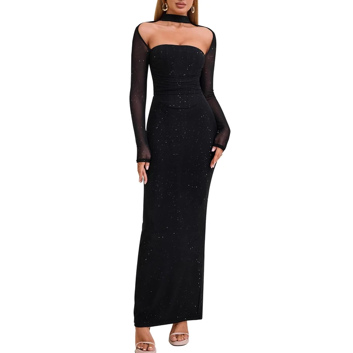 HTZMO Women Long Sleeve Bodycon Maxi Dress Halter Neck Ruched Elegant Wedding Guest Formal Long Dresses Sparkling Black L by HTZMO - Image 1