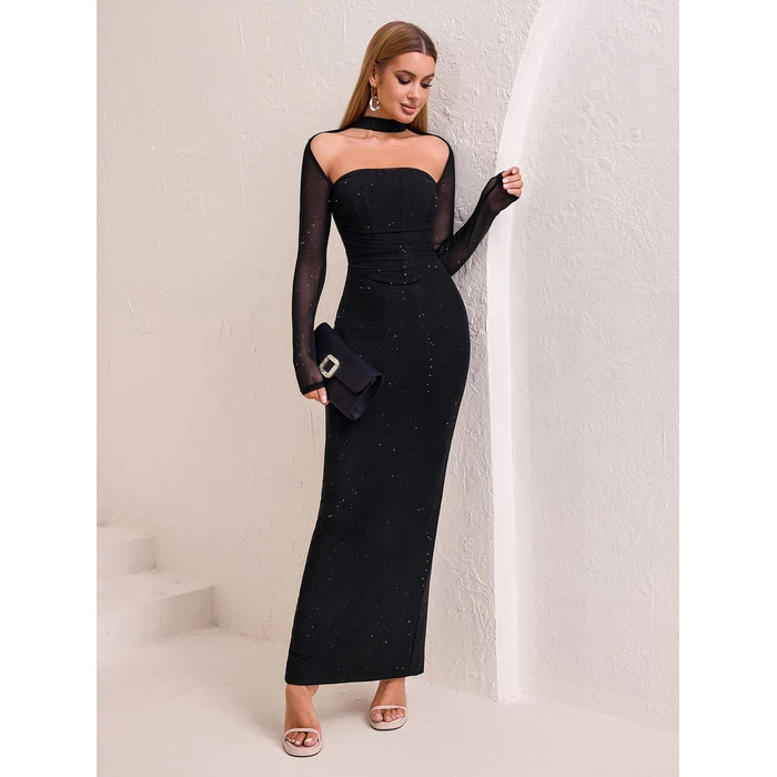 HTZMO Women Long Sleeve Bodycon Maxi Dress Halter Neck Ruched Elegant Wedding Guest Formal Long Dresses Sparkling Black L by HTZMO - Image 3