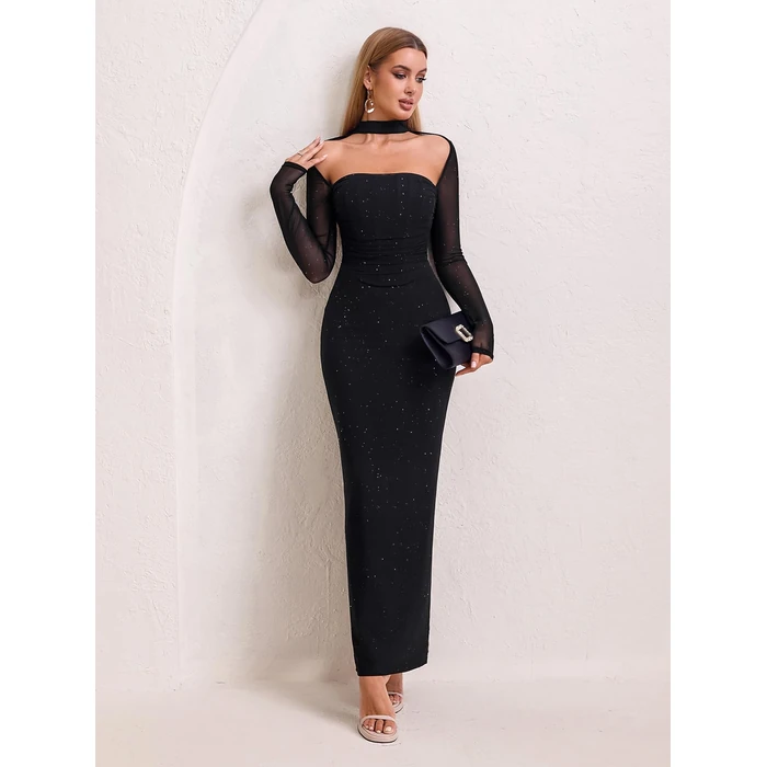 HTZMO Women Long Sleeve Bodycon Maxi Dress Halter Neck Ruched Elegant Wedding Guest Formal Long Dresses Sparkling Black L by HTZMO - Image 4