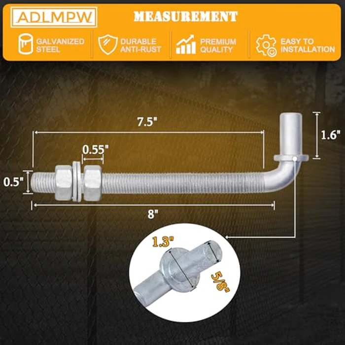 [Pack of 2] 8" J-Bolt Chain Link Fence Gate Hinge, Galvanized Steel J-Bolt Post Hinge with 5/8" Male Hinge Pin, Nuts & Washers Included. by ADLMPW - Image 2