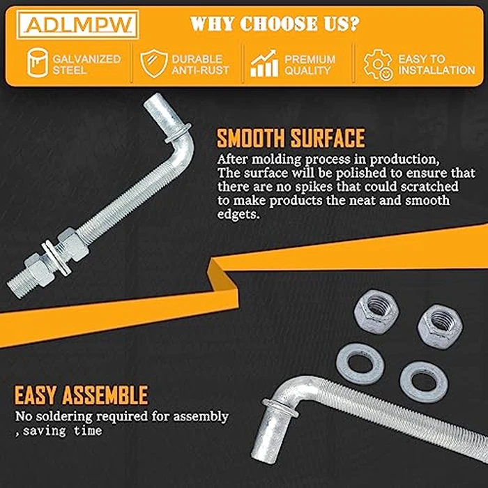 [Pack of 2] 8" J-Bolt Chain Link Fence Gate Hinge, Galvanized Steel J-Bolt Post Hinge with 5/8" Male Hinge Pin, Nuts & Washers Included. by ADLMPW - Image 3