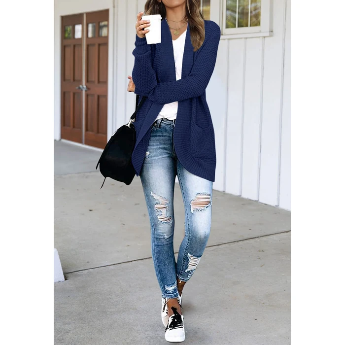 MEROKEETY Womens Long Sleeve Cardigan Sweaters Fall Winter Chunky Cozy Knit Draped Open Front Outwear Outfits, Navy, M by MEROKEETY - Image 4