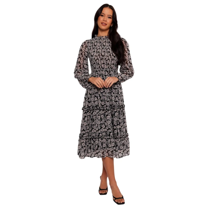 Edwina Shirred Frill Long Sleeve Midi Dress - Black Floral S by Petal & Pup - Used - Like New condition