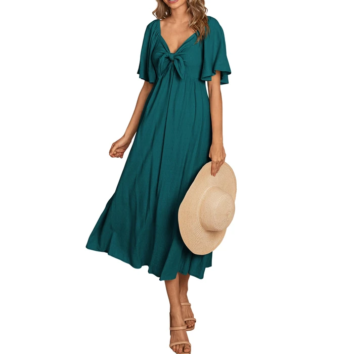 PRETTYGARDEN Summer Dress for Women 2025 Casual Short Sleeve Bow Tie V Neck Ruffle Midi Flowy Dresses (Malachite Green,X-Large) by PRETTYGARDEN - Used - Like New condition - US$49.88