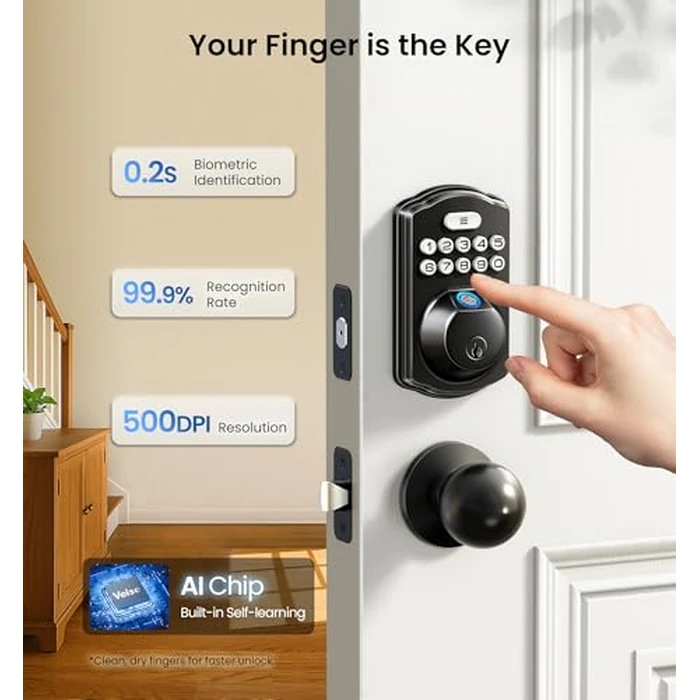 Veise KS02A Fingerprint Keyless Entry Door Lock, Auto Lock, Electronic Keypad Deadbolt for Front Door, Biometric, Anti-Peeping Password, Easy Install, Matte Black by Veise - Image 1