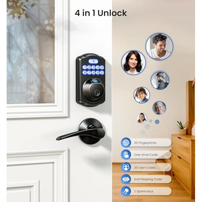 Veise KS02A Fingerprint Keyless Entry Door Lock, Auto Lock, Electronic Keypad Deadbolt for Front Door, Biometric, Anti-Peeping Password, Easy Install, Matte Black by Veise - Image 2