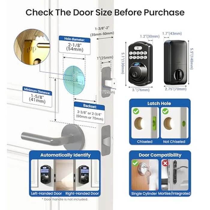 Veise KS02A Fingerprint Keyless Entry Door Lock, Auto Lock, Electronic Keypad Deadbolt for Front Door, Biometric, Anti-Peeping Password, Easy Install, Matte Black by Veise - Image 8