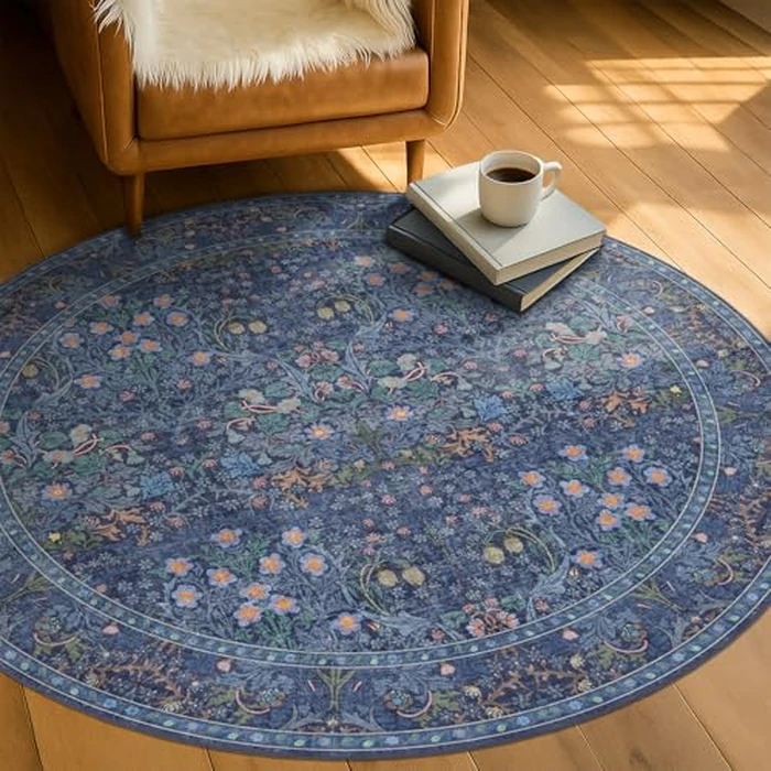Washable 4ft Dark Blue Boho Rugs for Living Room, Non Slip Stain Resistant Floral Round Kitchen Rug, Low Pile & Soft Bedroom Carpet, Vintage Forest Floral Design, Oriental Home Décor by Hazo Haus - Used - Like New condition - US$32.05
