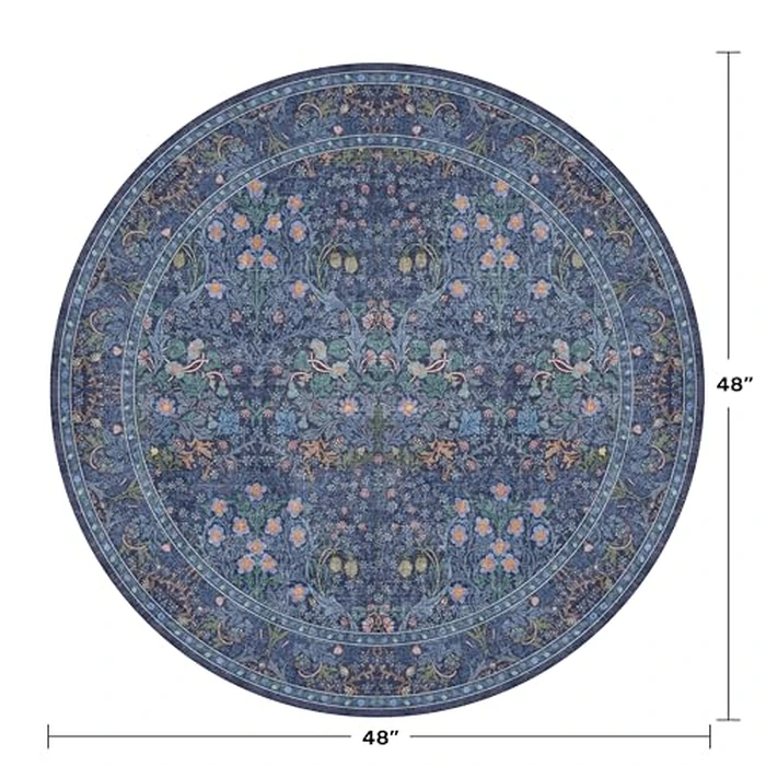 Washable 4ft Dark Blue Boho Rugs for Living Room, Non Slip Stain Resistant Floral Round Kitchen Rug, Low Pile & Soft Bedroom Carpet, Vintage Forest Floral Design, Oriental Home Décor by Hazo Haus - Image 2