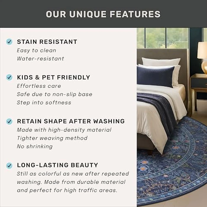 Washable 4ft Dark Blue Boho Rugs for Living Room, Non Slip Stain Resistant Floral Round Kitchen Rug, Low Pile & Soft Bedroom Carpet, Vintage Forest Floral Design, Oriental Home Décor by Hazo Haus - Image 5