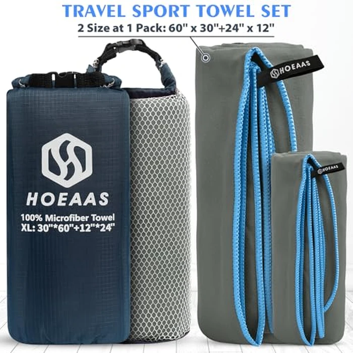 Microfiber Sport Travel Towel Set-(XL -60"x30"+24" x12)-Quick Dry, Absorbent, Ultra Compact Towels-Fit for Beach Yoga Golf Gym Camping Backpacking Hiking+Hand Towel&Carry Pouch(XL Grey) by HOEAAS - Image 2