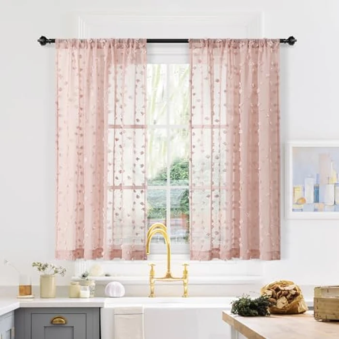 MYSKY HOME Pink Sheer Short Curtains for Small Windows Kitchen 45 inch Long with Pom Pom Bedroom Nursery Kids Girls Room Curtains Cafe Light Filtering Boho Drapes, Rod Pocket,52" Wide, 2 Panels by MYSKY HOME - Image 1