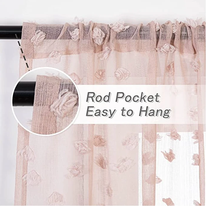 MYSKY HOME Pink Sheer Short Curtains for Small Windows Kitchen 45 inch Long with Pom Pom Bedroom Nursery Kids Girls Room Curtains Cafe Light Filtering Boho Drapes, Rod Pocket,52" Wide, 2 Panels by MYSKY HOME - Image 2
